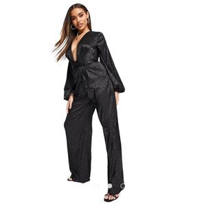 Misguided Satin Tie Front Wide Leg Jumpsuit Black Size 10